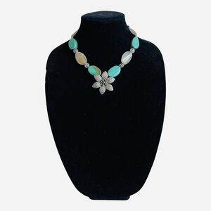 Chunky Turquoise White Stone Beaded Necklace Silver Flower Pendant 18" NWOT